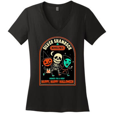 Vintage Silver Shamrock Novelties Happy Happy Halloween Women's V-Neck T-Shirt