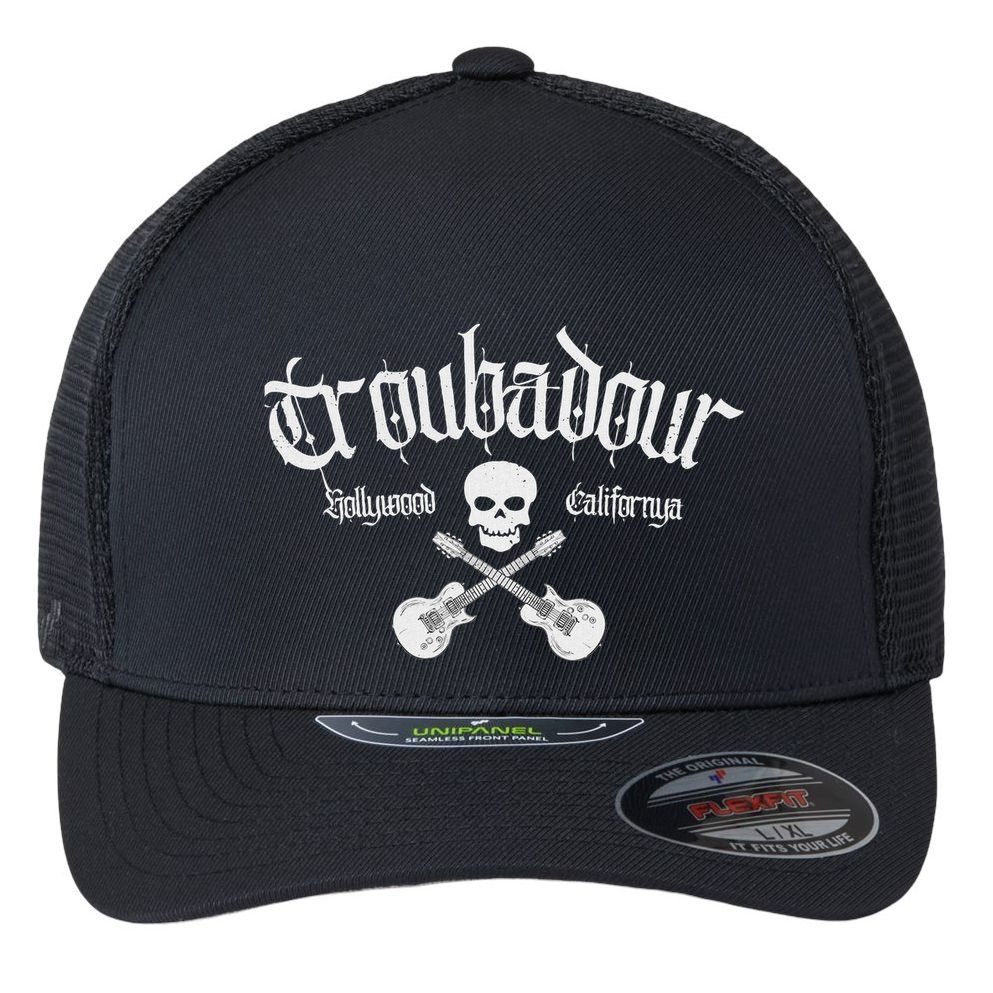Vintage Skull Troubadour Guitar Rock Music Flexfit Unipanel Trucker Cap