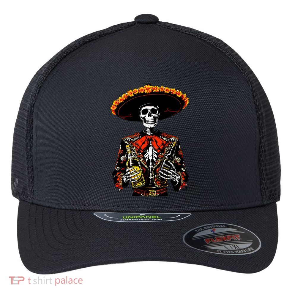Vintage Skeleton Tequila Mexico Dia De Los Muertos Mexican Flexfit Unipanel Trucker Cap