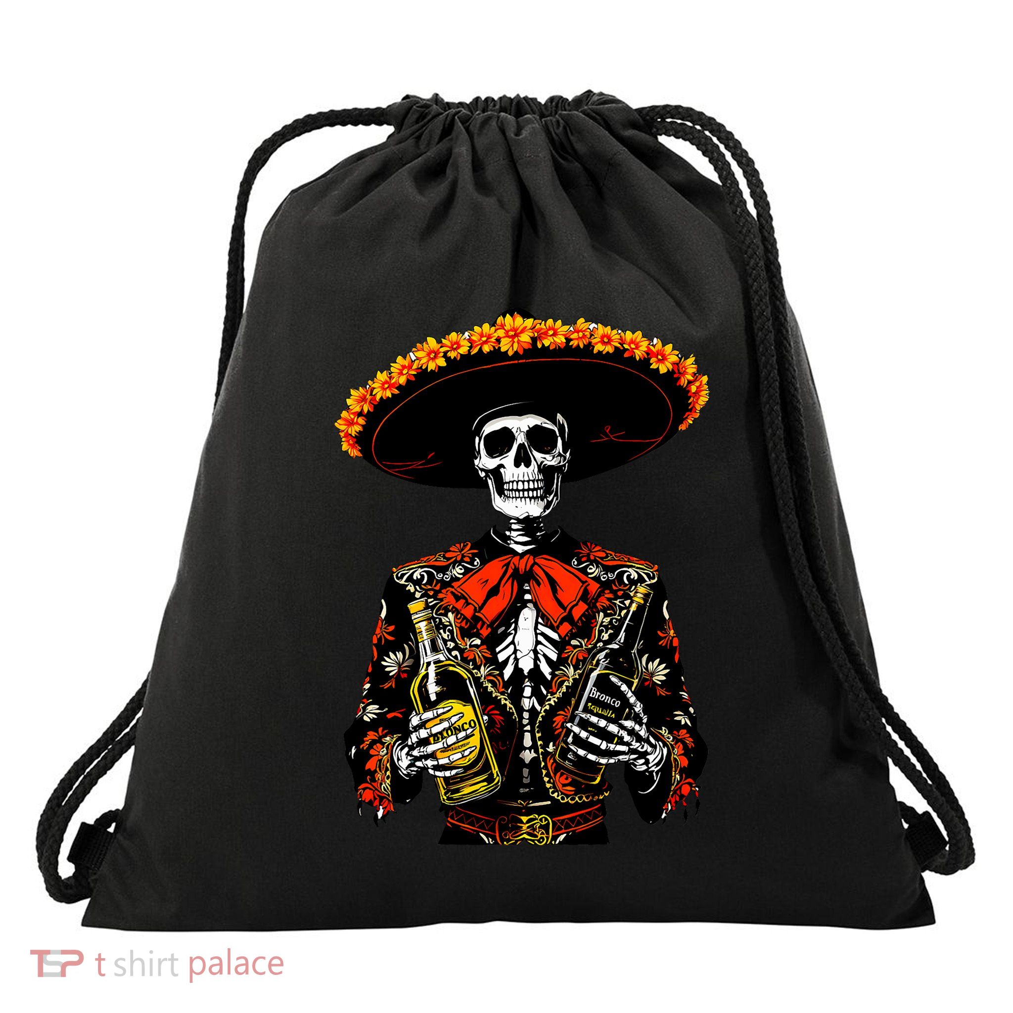 Vintage Skeleton Tequila Mexico Dia De Los Muertos Mexican Drawstring Bag