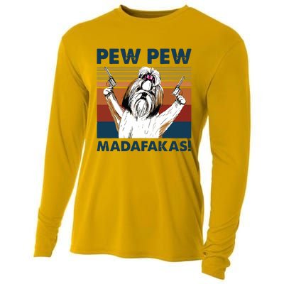 Vintage Shih Tzu Dog Pew Pew Madafakas Funny Crazy Dog Lover Cooling Performance Long Sleeve Crew