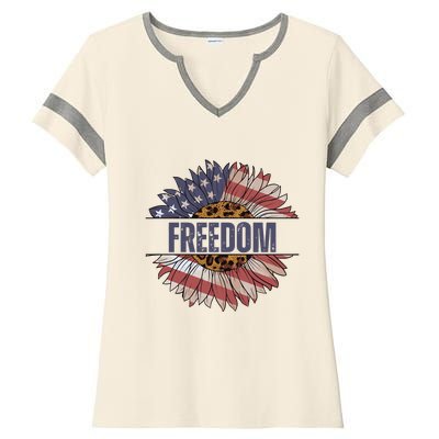 Vintage Sunflower USA Flag 4th Of July Ladies Halftime Notch Neck Tee