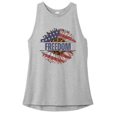 Vintage Sunflower USA Flag 4th Of July Ladies PosiCharge Tri-Blend Wicking Tank