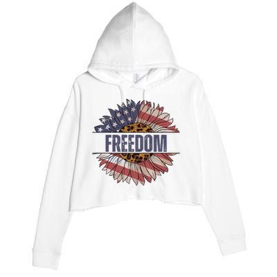 Vintage Sunflower USA Flag 4th Of July Crop Fleece Hoodie