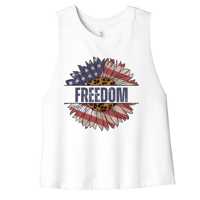 Vintage Sunflower USA Flag 4th Of July Women's Racerback Cropped Tank