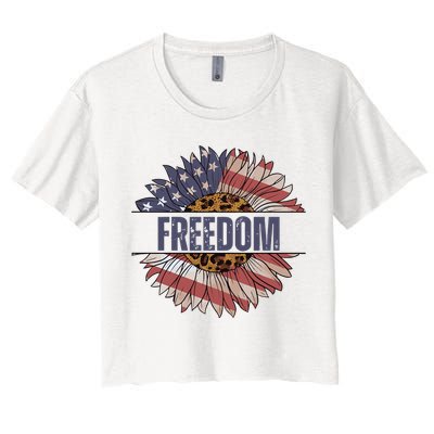 Vintage Sunflower USA Flag 4th Of July Women's Crop Top Tee