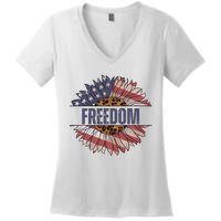 Vintage Sunflower USA Flag 4th Of July Women's V-Neck T-Shirt