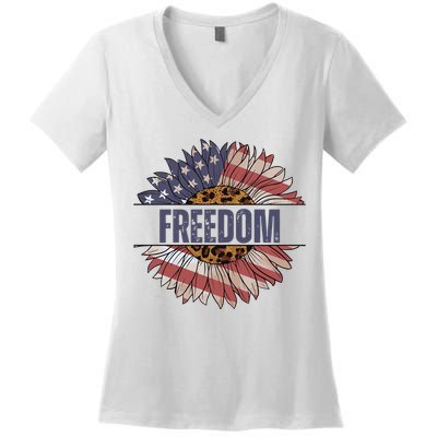 Vintage Sunflower USA Flag 4th Of July Women's V-Neck T-Shirt