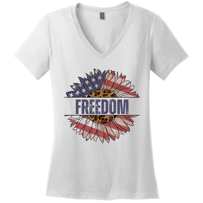 Vintage Sunflower USA Flag 4th Of July Women's V-Neck T-Shirt