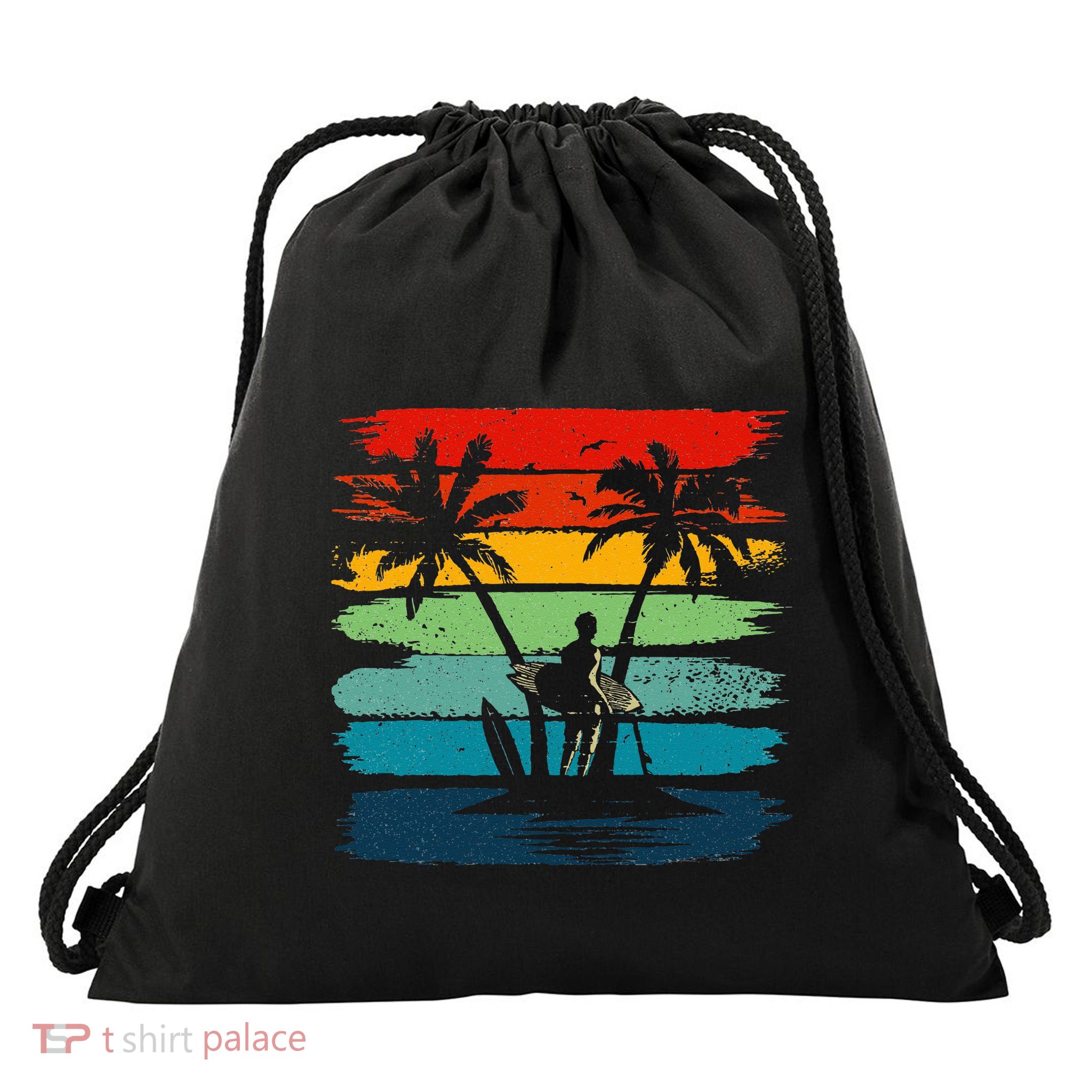 Vintage Summer Vacation Surf Surfing Surfers Beach Palm Tree Drawstring Bag