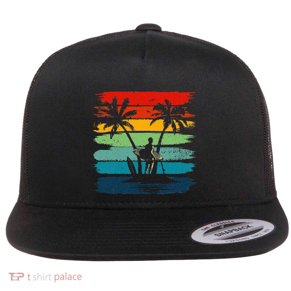 Vintage Summer Vacation Surf Surfing Surfers Beach Palm Tree Flatbill Hat