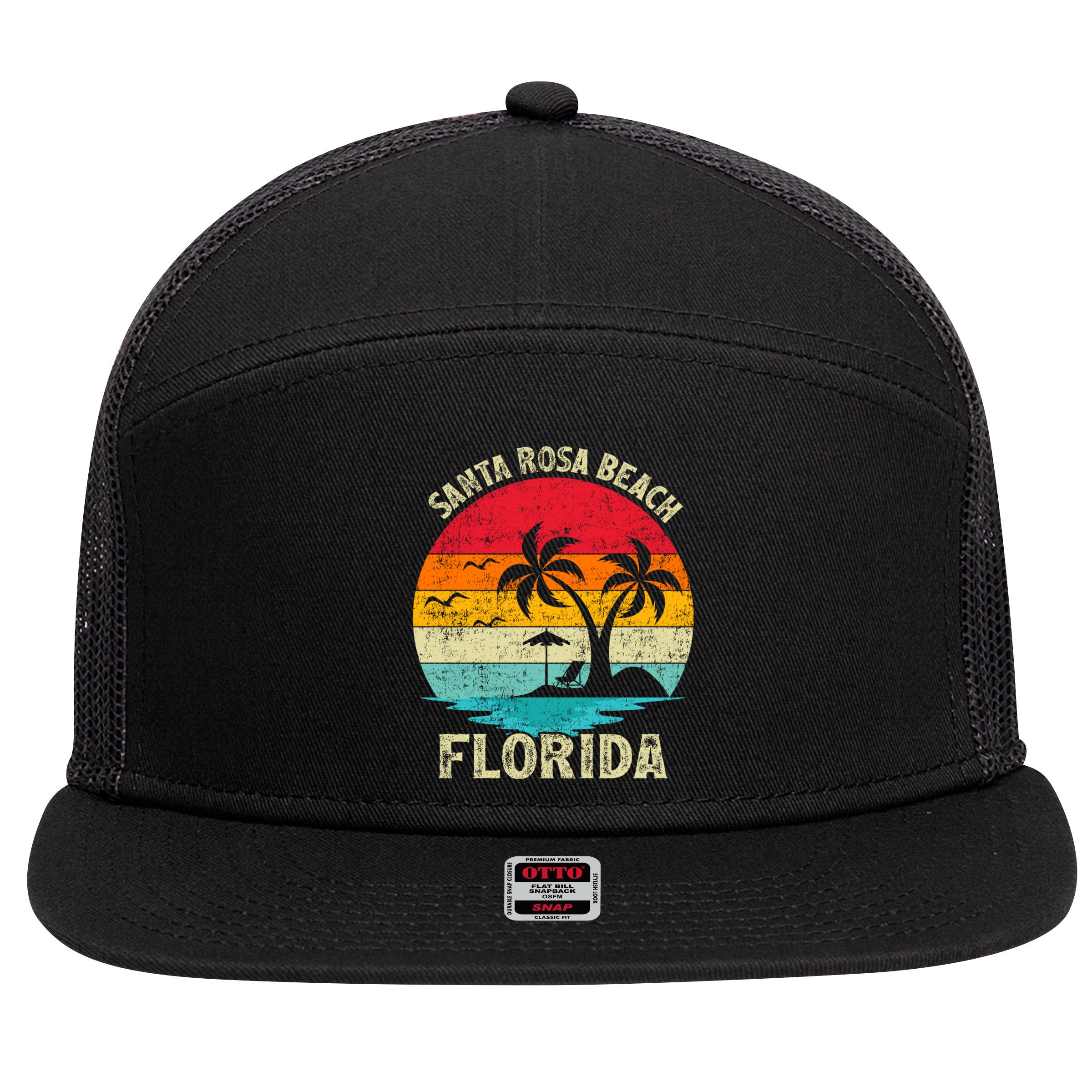 Vintage Summer Vacation Retro Florida Santa Rosa Beach Gift 7 Panel Mesh Trucker Snapback Hat