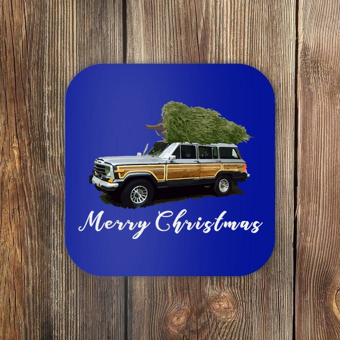 Vintage Surf Wagon Xmas Merry Christmas Tree On A Truck Coaster