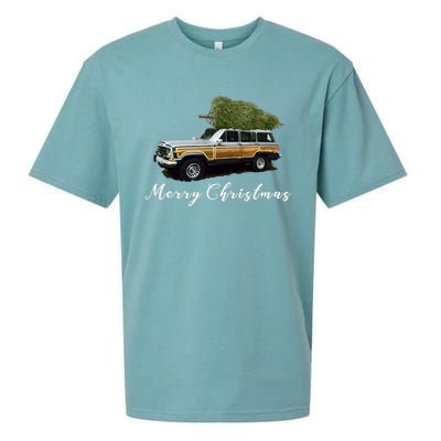 Vintage Surf Wagon Xmas Merry Christmas Tree On A Truck Sueded Cloud Jersey T-Shirt