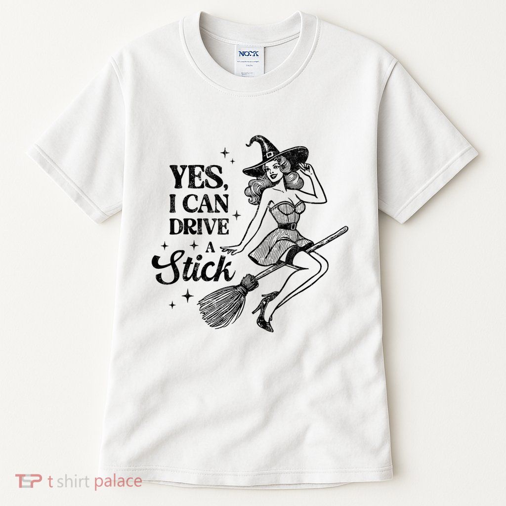 Vintage Sexy Witch Yes I Can Drive A Stick Halloween Costume Tall T-Shirt