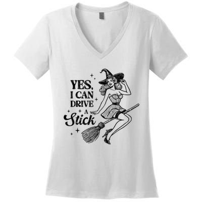 Vintage Sexy Witch Yes I Can Drive A Stick Halloween Costume Women's V-Neck T-Shirt