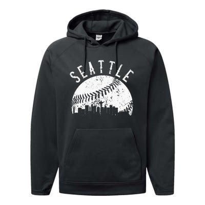 Vintage Seattle Washington Skyline Apparel Performance Fleece Hoodie