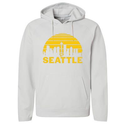 Vintage Seattle Washington Cityscape Retro Performance Fleece Hoodie