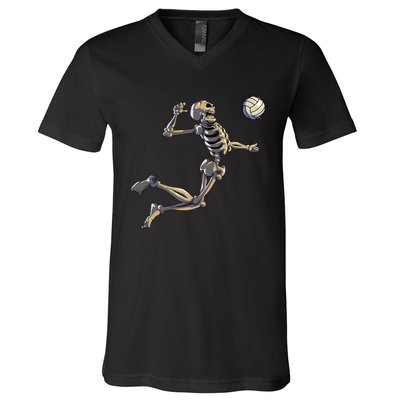 Volleyball Skeleton Women Volleyball Player Halloween V-Neck T-Shirt