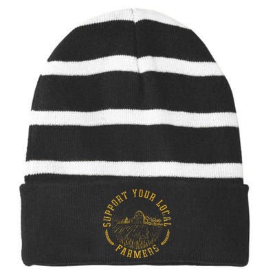 Vintage Support Your Local Farmers Farming Striped Beanie with Solid Band