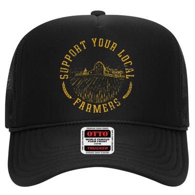 Vintage Support Your Local Farmers Farming Farm Farmer High Crown Mesh Back Trucker Hat