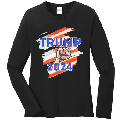 Vote Trump 2024 Usa Flag Power Fist Support Ladies Long Sleeve Shirt