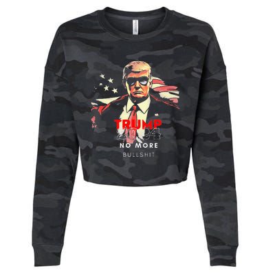 Vintage Trump 2024 No More Bullshit American Flag Cropped Pullover Crew