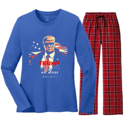 Vintage Trump 2024 No More Bullshit American Flag Women's Long Sleeve Flannel Pajama Set 