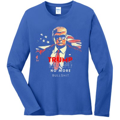 Vintage Trump 2024 No More Bullshit American Flag Ladies Long Sleeve Shirt