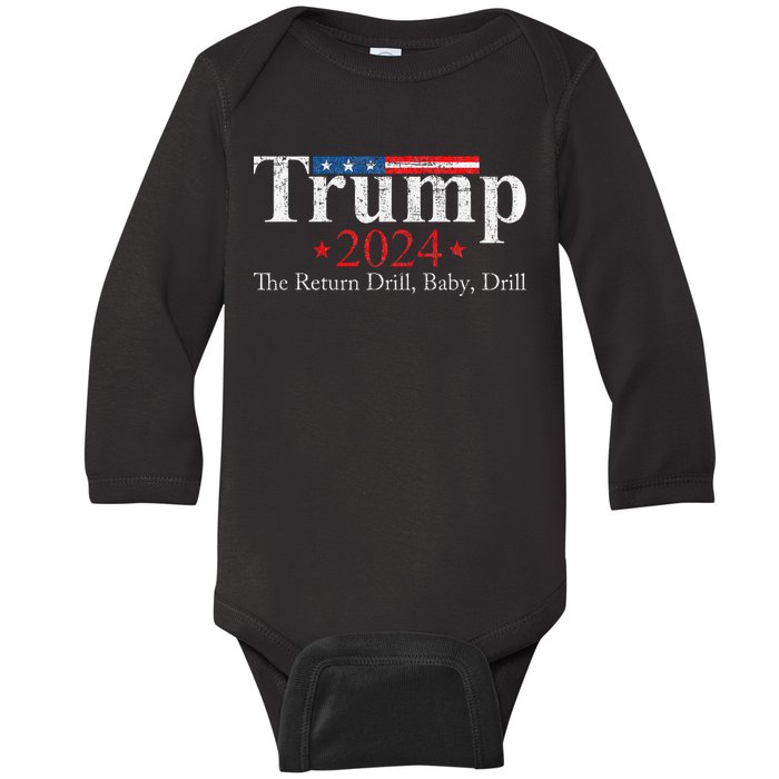 Vintage Trump 2024 Drill Baby Dril Us Flag Baby Long Sleeve Bodysuit