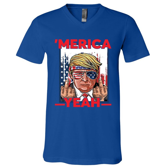 Vintage Trump 4th Of July Merica Yeah Usa Flag Patriotic Gift V-Neck T-Shirt