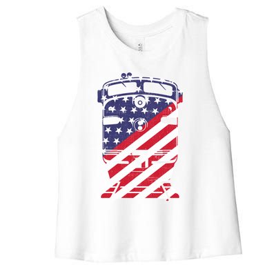 Vintage Train 4th Of July Patriotic American Flag Gift Women's Racerback Cropped Tank