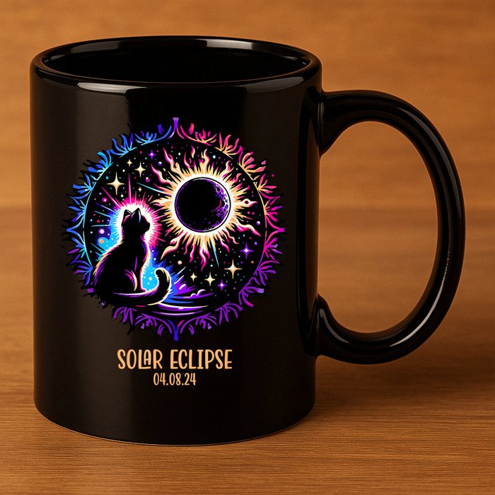 View Totality April 8 2024 Astronomy Cat Lover Solar Eclipse 11oz C Handle Ceramic Mug
