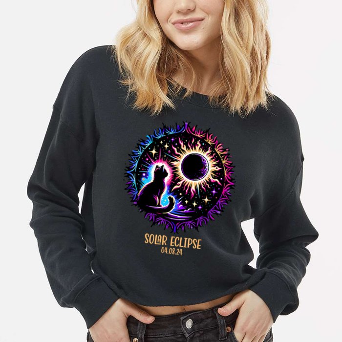 View Totality April 8 2024 Astronomy Cat Lover Solar Eclipse Cropped Pullover Crew