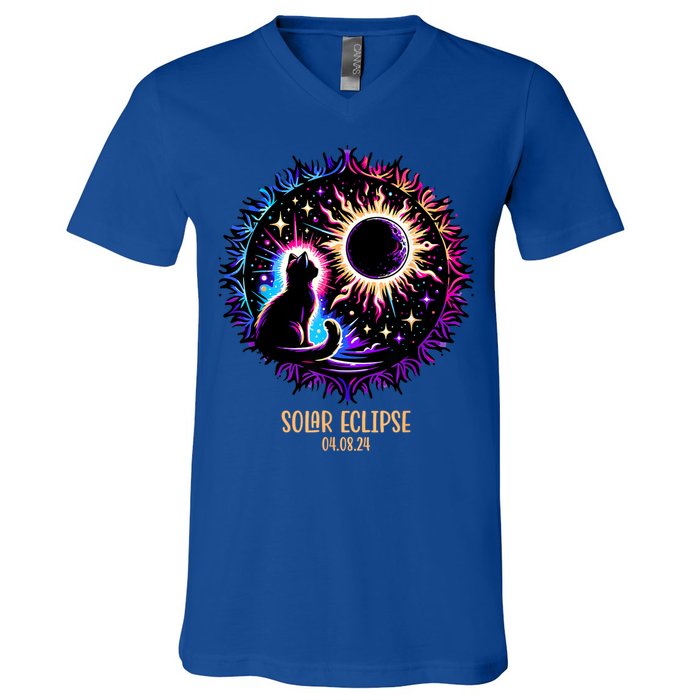 View Totality April 8 2024 Astronomy Cat Lover Solar Eclipse V-Neck T-Shirt
