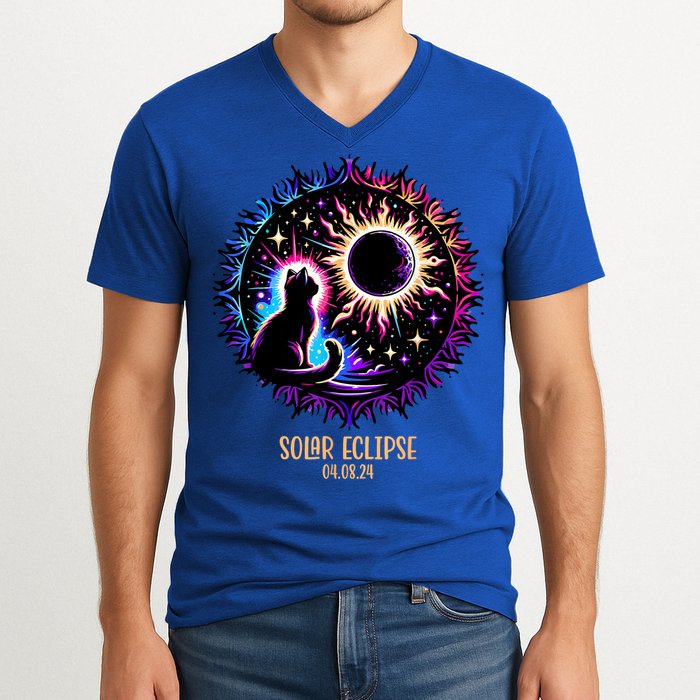 View Totality April 8 2024 Astronomy Cat Lover Solar Eclipse V-Neck T-Shirt