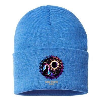 View Totality April 8 2024 Astronomy Cat Lover Solar Eclipse Sustainable Knit Beanie