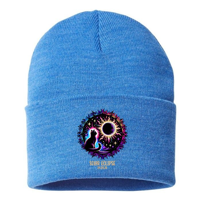 View Totality April 8 2024 Astronomy Cat Lover Solar Eclipse Sustainable Knit Beanie