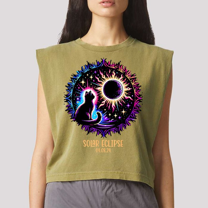 View Totality April 8 2024 Astronomy Cat Lover Solar Eclipse Garment-Dyed Women's Muscle Tee