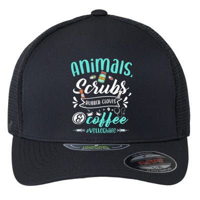 Veterinary Technician Animals Scrubs And Coffee Vet Tech Flexfit Unipanel Trucker Cap