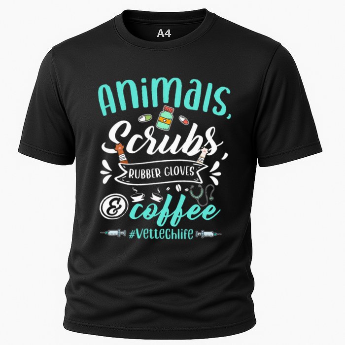 Veterinary Technician Animals Scrubs And Coffee Vet Tech Cooling Performance Crew T-Shirt