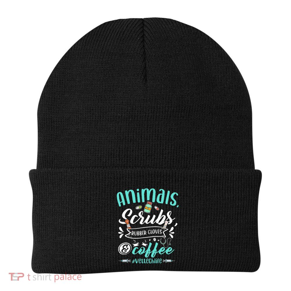 Veterinary Technician Animals Scrubs And Coffee Vet Tech Beanie