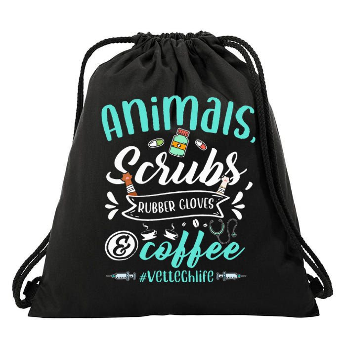 Veterinary Technician Animals Scrubs And Coffee Vet Tech Drawstring Bag