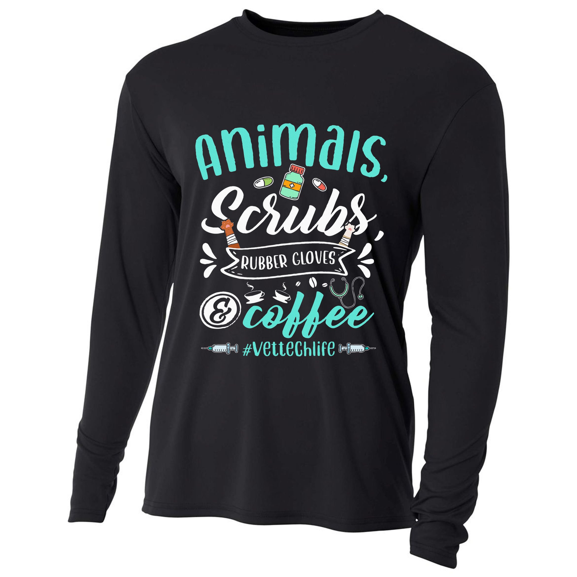 Veterinary Technician Animals Scrubs And Coffee Vet Tech Cooling Performance Long Sleeve Crew