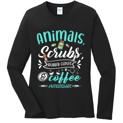 Veterinary Technician Animals Scrubs And Coffee Vet Tech Ladies Long Sleeve Shirt