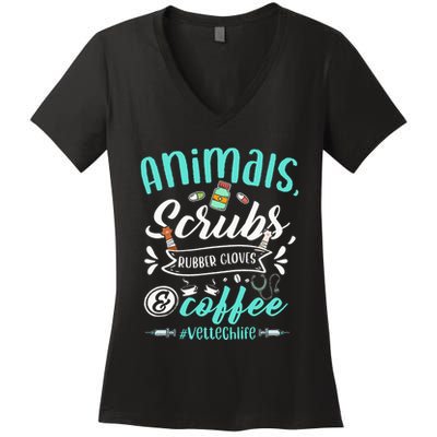 Veterinary Technician Animals Scrubs And Coffee Vet Tech Women's V-Neck T-Shirt