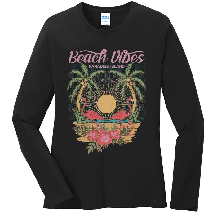 Vintage Tropical Beach Vibes Paradise Island Ladies Long Sleeve Shirt