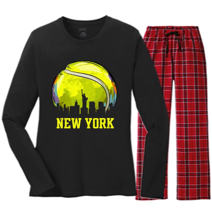 Vintage Tennis Ball New York City Skyline Women's Long Sleeve Flannel Pajama Set 