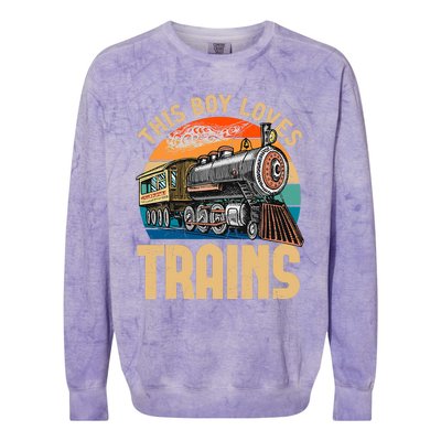 Vintage This Boy Loves Trains Train Railroad Lover Colorblast Crewneck Sweatshirt