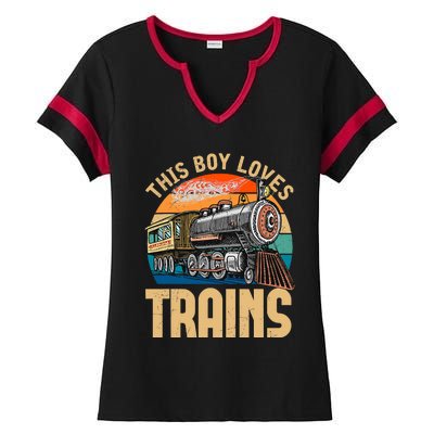 Vintage This Boy Loves Trains Train Railroad Lover Ladies Halftime Notch Neck Tee